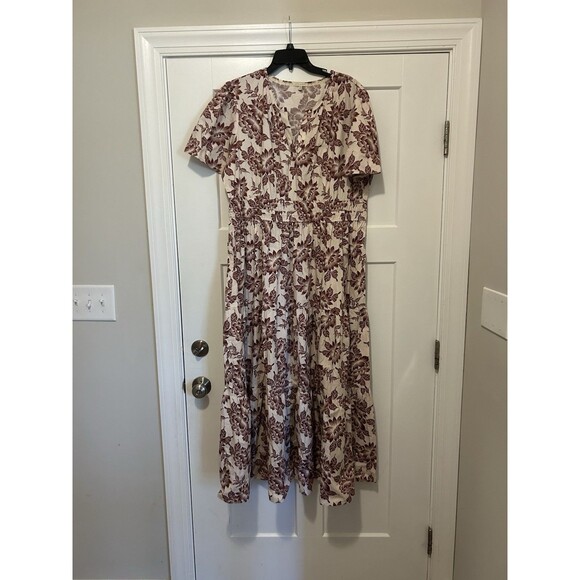 Kate & Sam Burgundy Maroon Floral Split Neck Maxi Dress Gathered Waist Modest - Picture 1 of 7